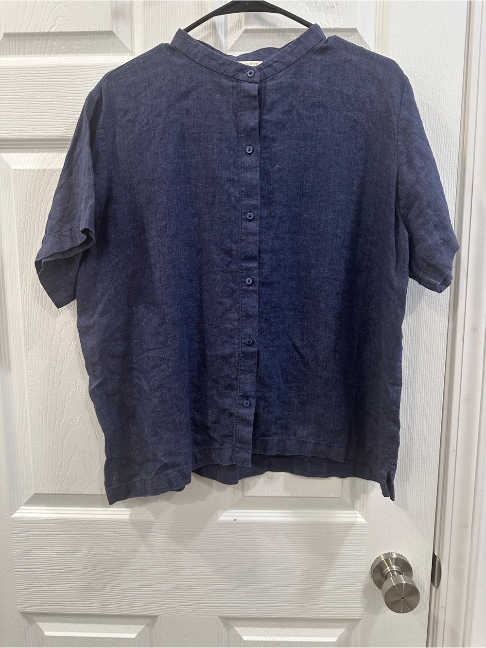 Eileen Fisher Navy Button-Down Linen Short-Sleeve Shirt